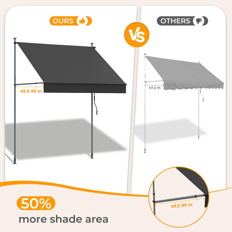 HOMEDEMO Manual Retractable Awning, 59" W x 118" H Retractable Side Bar 47-59", Outdoor Patio Awnings Height Adjustable 82-118", NO Drilling Awings for Backyard Garden Porch Outside Carbon Gray - Image 2