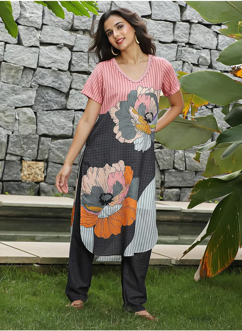 QISSA Women's Rouge Pink & Midnight Black Chantilly Bloom Kurta Set