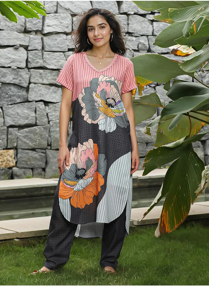  قصة Women's Rouge Pink & Midnight Black Chantilly Bloom Kurta Set
