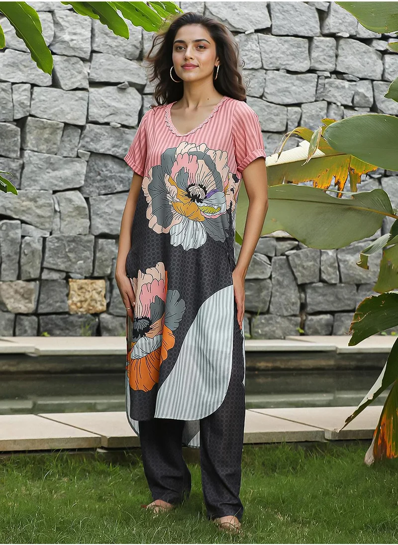  قصة Women's Rouge Pink & Midnight Black Chantilly Bloom Kurta Set