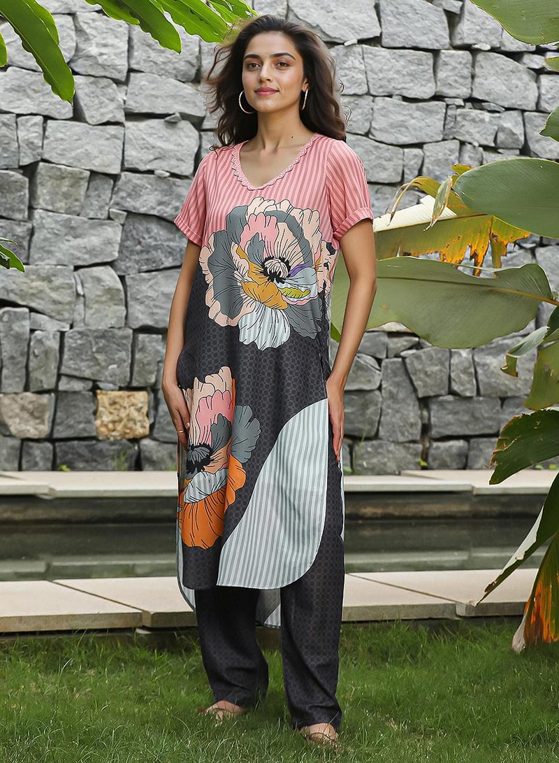 QISSA Women's Rouge Pink & Midnight Black Chantilly Bloom Kurta Set - Image 3