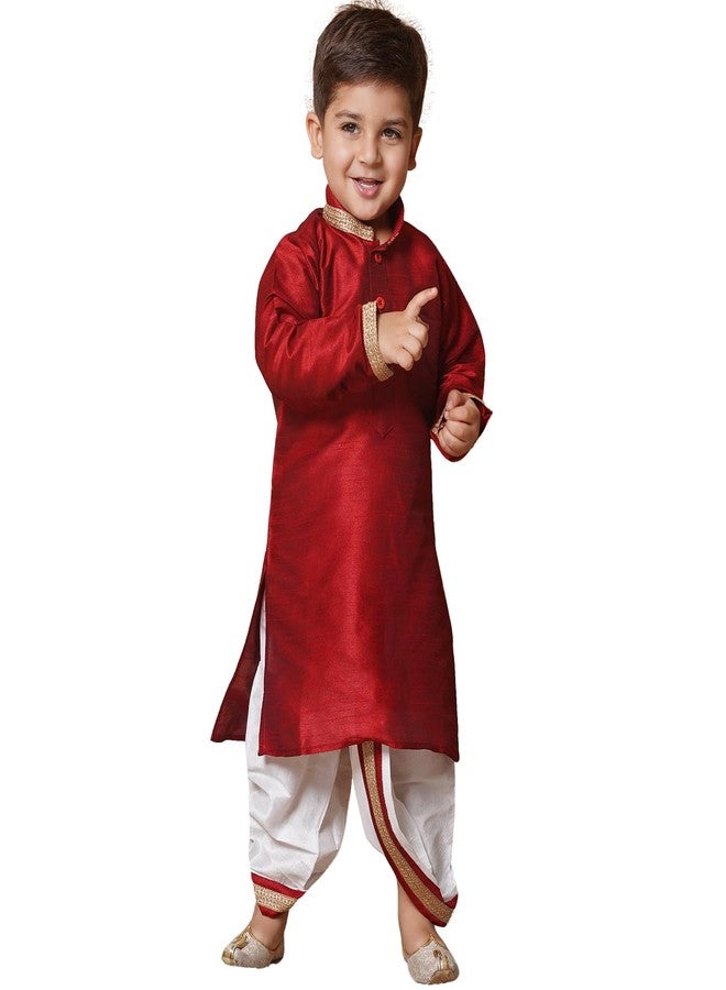 AJ DEZINES Kids Silk Blend Full Sleeve Solid Maroon Dhoti Kurta Set for Boys - Ethnic Wear | Traditional | Festival Wear for boys - Regular Fit - Image 1