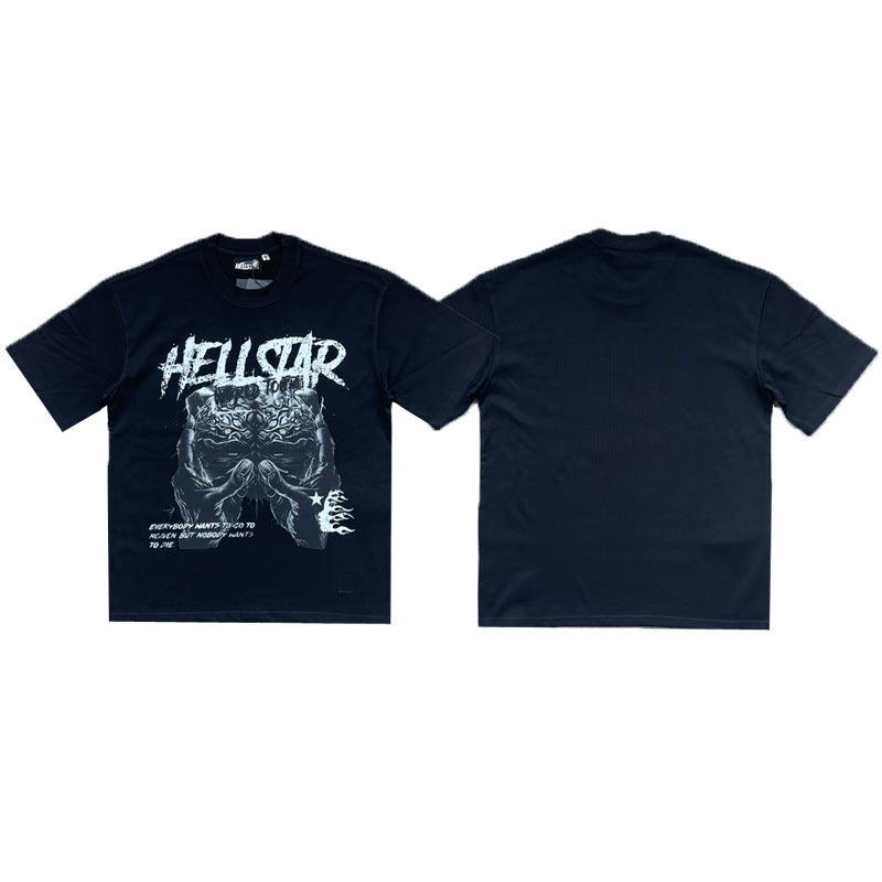 New Cross-border Hell Star Hell Star American Hip Hop Exaggerated Printing Short Sleeve Street Couple T-Shirt Wholesale Black-boxing boy - Image 5