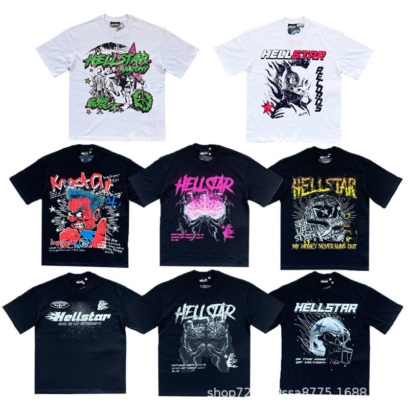 New Cross-border Hell Star Hell Star American Hip Hop Exaggerated Printing Short Sleeve Street Couple T-Shirt Wholesale Black-boxing boy - Image 2