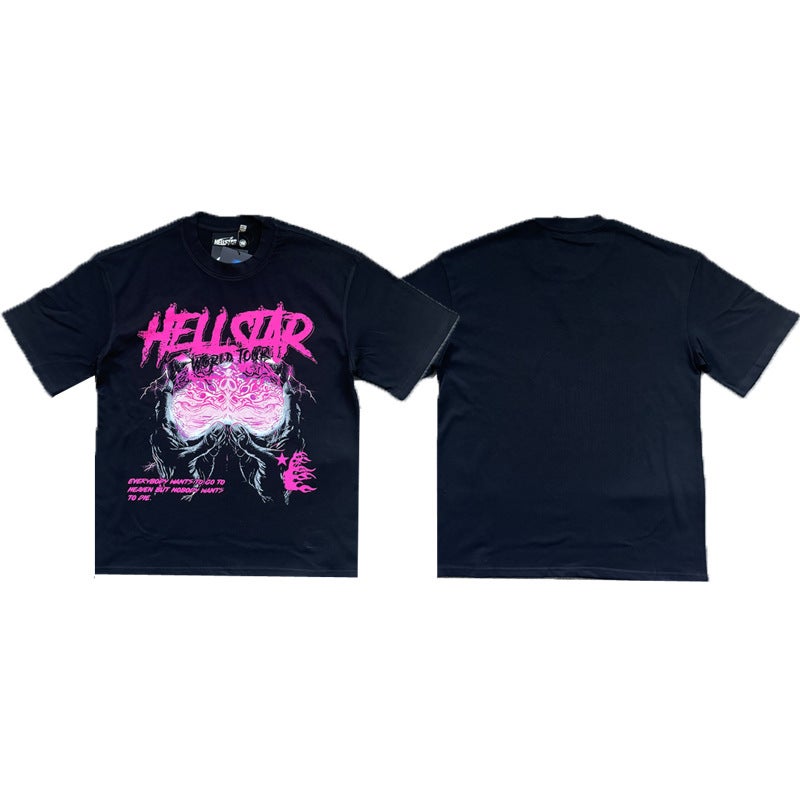 New Cross-border Hell Star Hell Star American Hip Hop Exaggerated Printing Short Sleeve Street Couple T-Shirt Wholesale Black-boxing boy - Image 4
