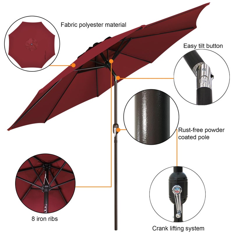 Blissun 9FT Patio Umbrella, Outdoor Table Umbrella, Yard Umbrella, Market Umbrella with 8 Sturdy Ribs, Push Button Tilt and Crank, Burgundy - Image 2