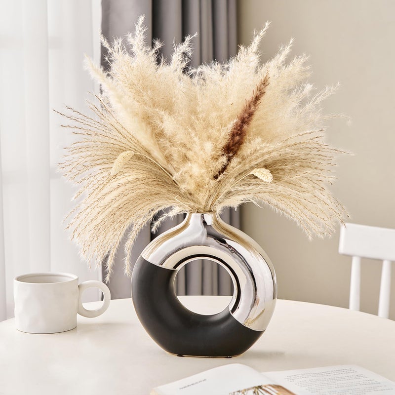 f + j's Ceramic Donut Vase  8"" L x 8"" H Black and Silver Vase for Pampas Grass  Modern Round Vases for Silver Decor  Ceramic Vase Centerpieces for Wedding  Bedroom  Living Room  Coffee Table  Entryway  Office - Image 2