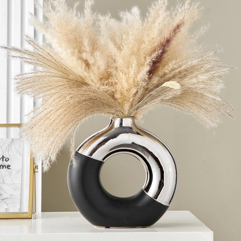 f + j's Ceramic Donut Vase  8"" L x 8"" H Black and Silver Vase for Pampas Grass  Modern Round Vases for Silver Decor  Ceramic Vase Centerpieces for Wedding  Bedroom  Living Room  Coffee Table  Entryway  Office - Image 1