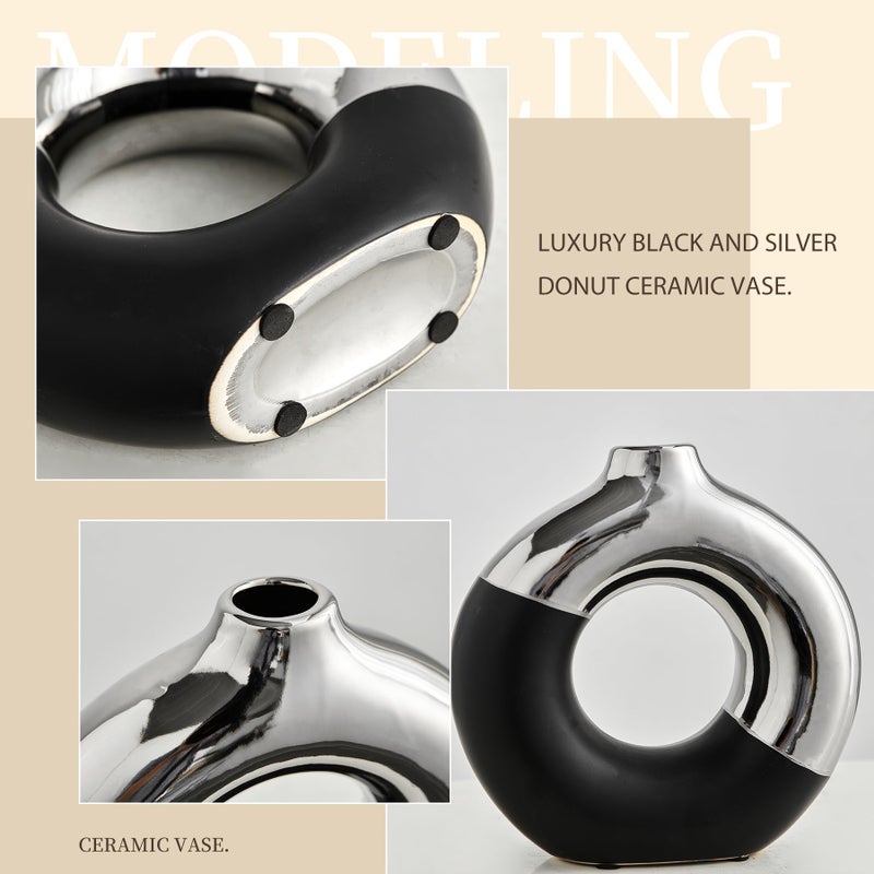 f + j's Ceramic Donut Vase  8"" L x 8"" H Black and Silver Vase for Pampas Grass  Modern Round Vases for Silver Decor  Ceramic Vase Centerpieces for Wedding  Bedroom  Living Room  Coffee Table  Entryway  Office - Image 5