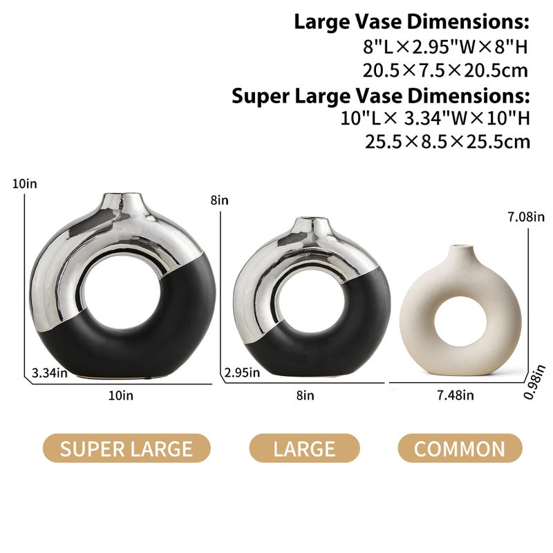 f + j's Ceramic Donut Vase  8"" L x 8"" H Black and Silver Vase for Pampas Grass  Modern Round Vases for Silver Decor  Ceramic Vase Centerpieces for Wedding  Bedroom  Living Room  Coffee Table  Entryway  Office - Image 4