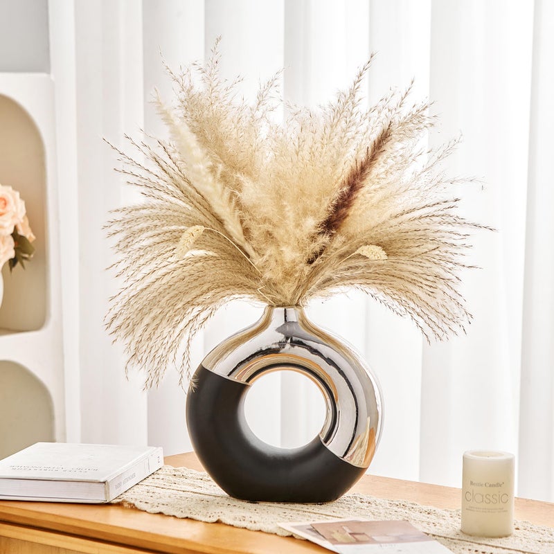 f + j's Ceramic Donut Vase  8"" L x 8"" H Black and Silver Vase for Pampas Grass  Modern Round Vases for Silver Decor  Ceramic Vase Centerpieces for Wedding  Bedroom  Living Room  Coffee Table  Entryway  Office - Image 3