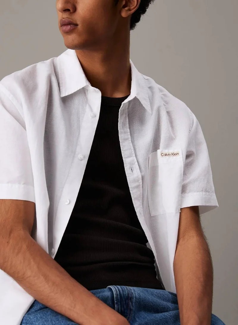 Calvin Klein Jeans Bright White Linen Cotton Short Sleeve Shirt for Men | Best Price UAE