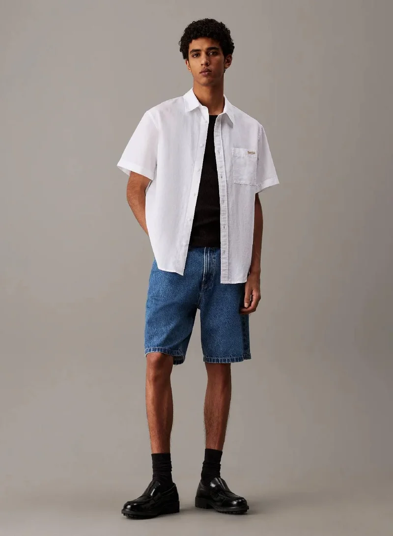 Calvin Klein Jeans Bright White Linen Cotton Short Sleeve Shirt for Men | Best Price UAE