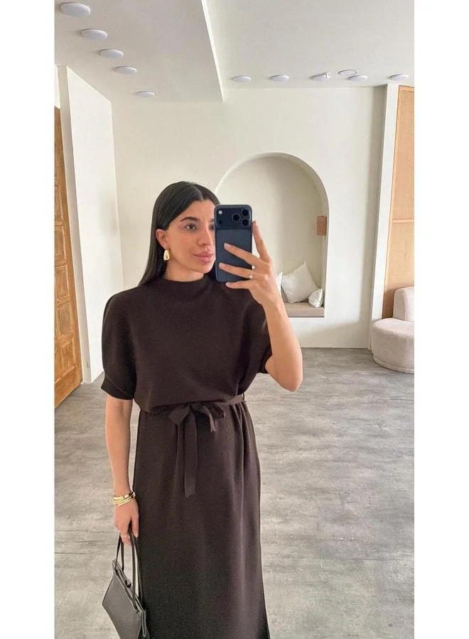 Gaus Bitter Coffee Belted Knit Midi Dress GAUS-01169.