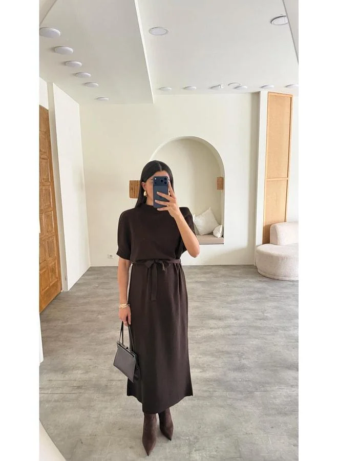 Gaus Bitter Coffee Belted Knit Midi Dress GAUS-01169.