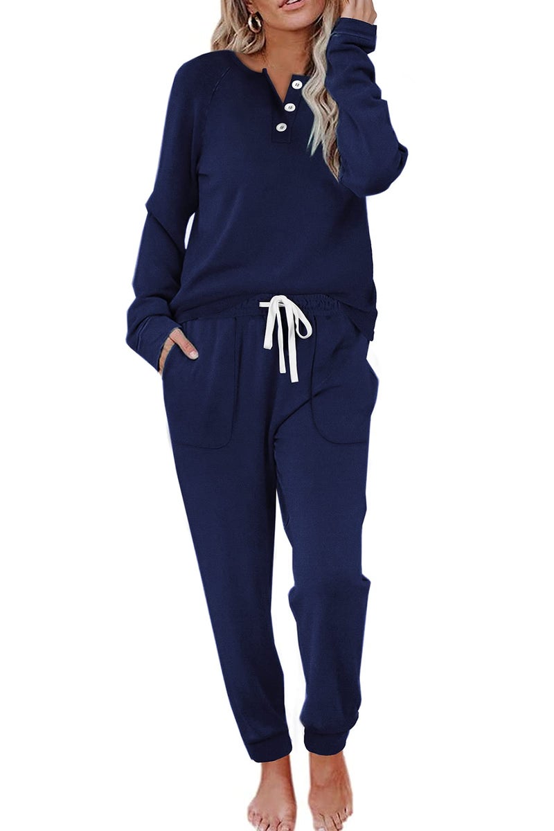 WIHOLL Two Piece Outfits for Women Long Sleeve, Fleece Womens Loungewear Set Long Sleeve Navy Blue XL - Image 5