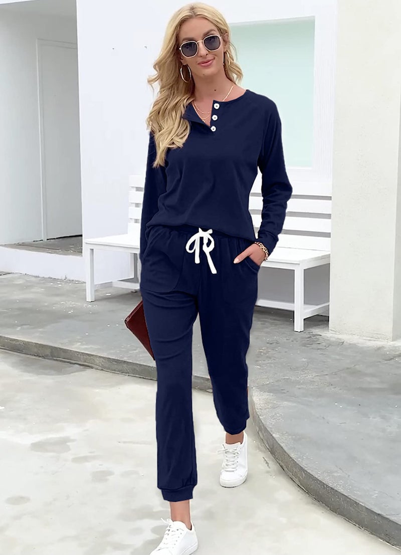 WIHOLL Two Piece Outfits for Women Long Sleeve, Fleece Womens Loungewear Set Long Sleeve Navy Blue XL - Image 3