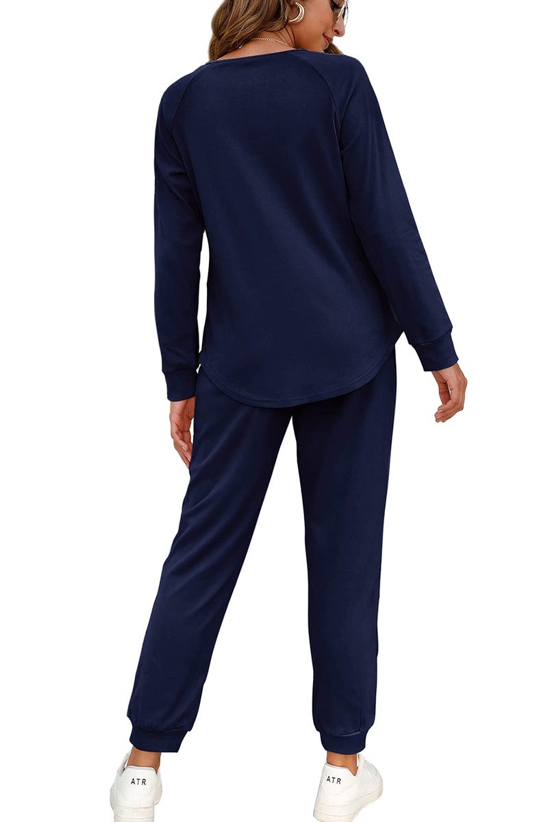 WIHOLL Two Piece Outfits for Women Long Sleeve, Fleece Womens Loungewear Set Long Sleeve Navy Blue XL - Image 2