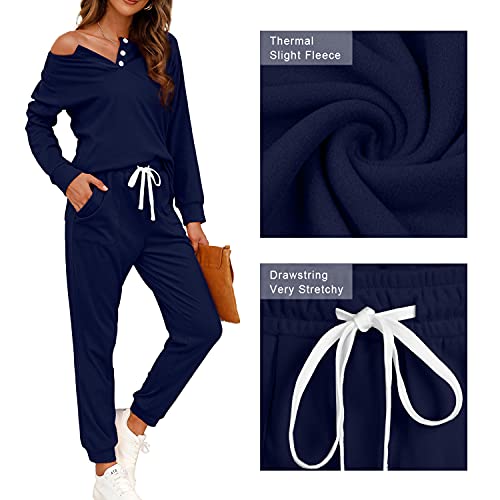 WIHOLL Two Piece Outfits for Women Long Sleeve, Fleece Womens Loungewear Set Long Sleeve Navy Blue XL - Image 4