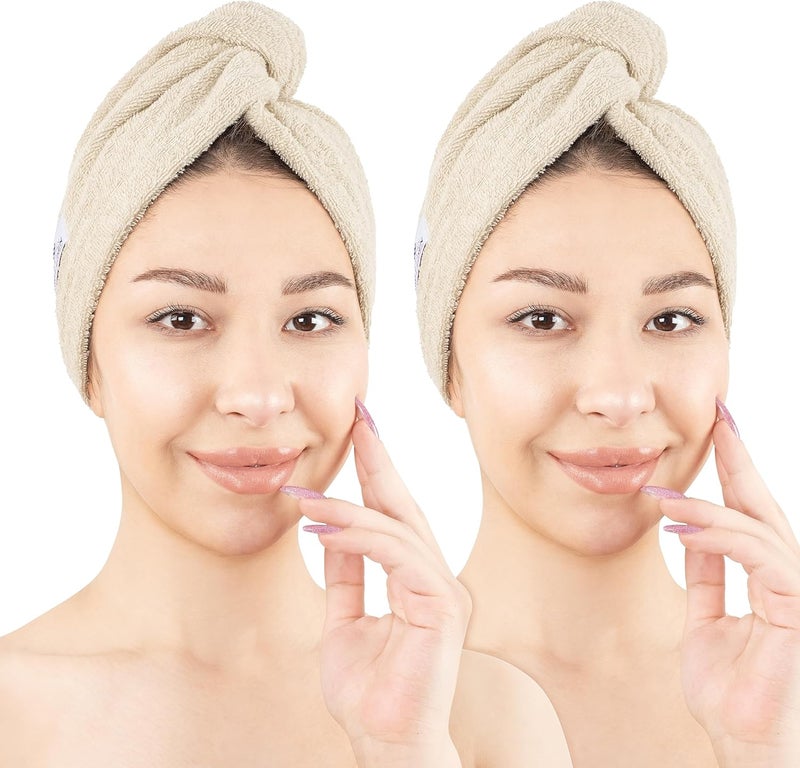 American Soft Linen 100 Cotton Hair Towels for Women Head Towel Cap Cotton Hair Turban Towel Wrap for Long Curly Anti Frizz Hair Soft and Absorbent Cotton Hair Towels 2 Pack Beige