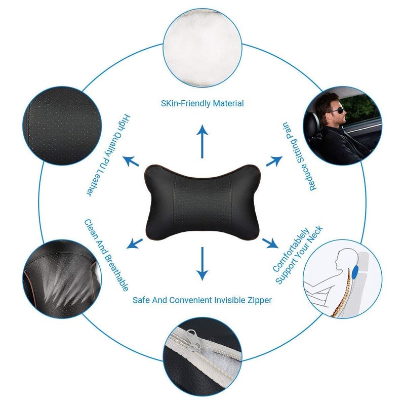 Lurowo 2 Pieces Car Headrest Pillow Neck, PU Leather Neck Support Car Seat Pillow with Removable Cover, Breathable Memory Foam Cushion for Driving Traveling (black) - Image 3