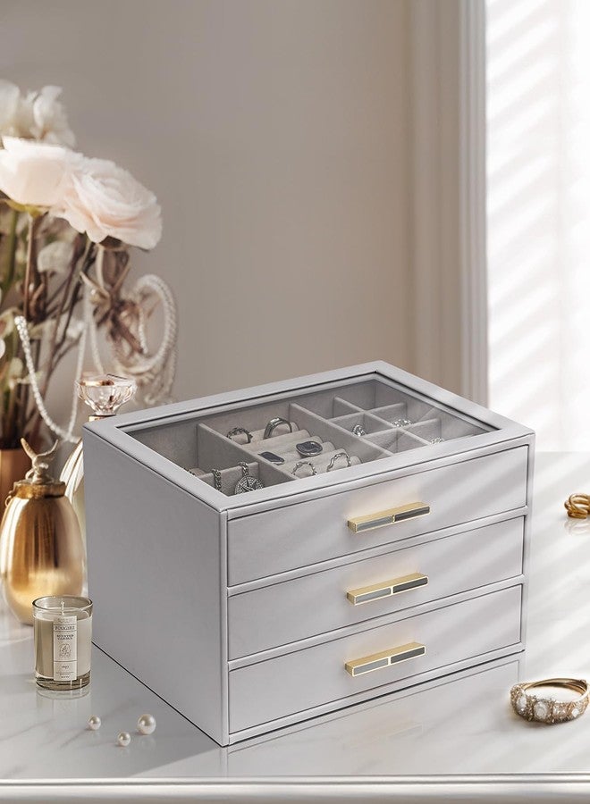 فلاندو صندوق مجوهرات فلاندو للنساء، منظم مجوهرات بغطاء زجاجي مع 3 أدراج للقلائد والخواتم والأقراط والأساور - رمادي - Image 2