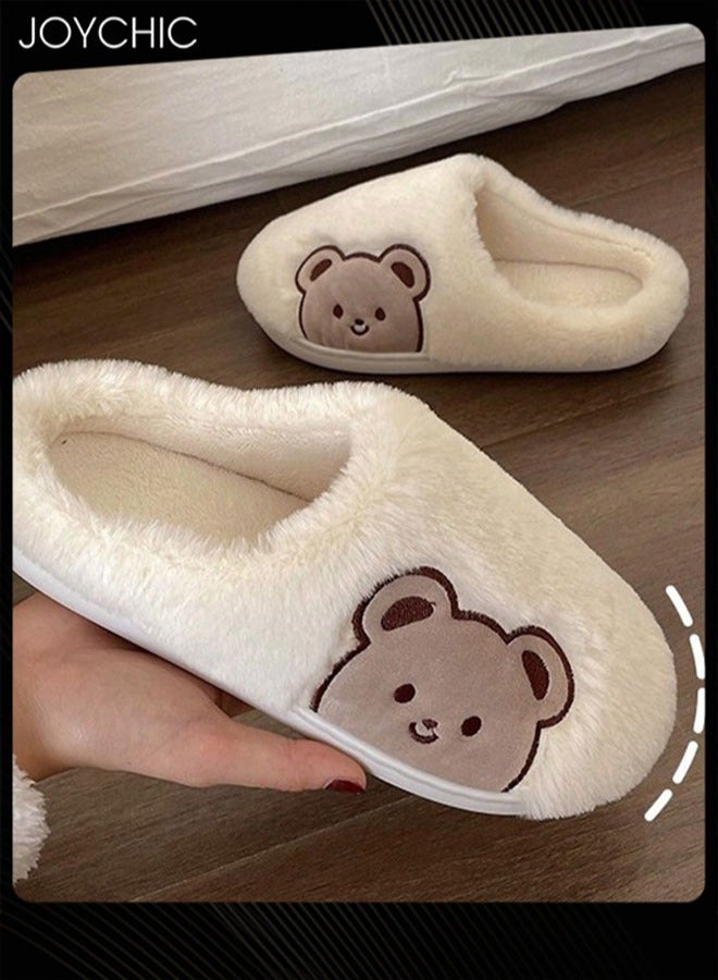Joychic Lovely Bear Design Female Cotton Slippers  Autumn And Winter Home Indoor Non-Slip Thick Comfot Soft Bottom Warm Bedroom Slippers for Women White - Image 4