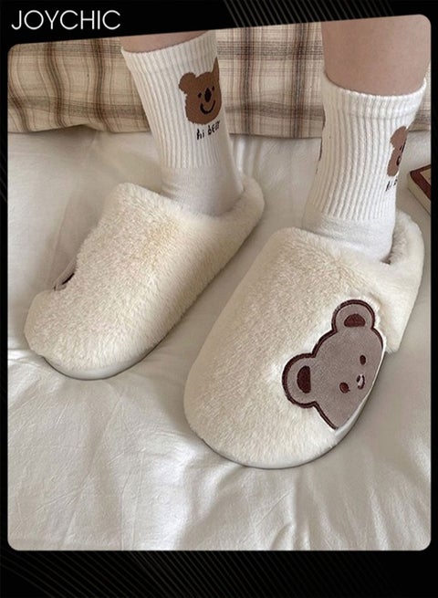 Lovely Bear Design Female Cotton Slippers  Autumn And Winter Home Indoor Non-Slip Thick Comfot Soft Bottom Warm Bedroom Slippers for Women White