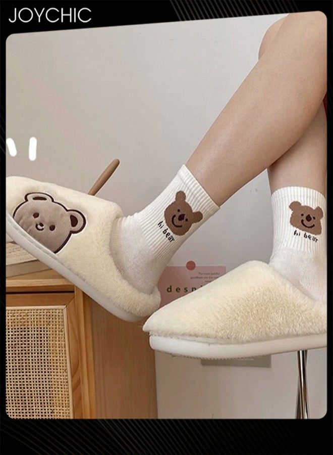 Joychic Lovely Bear Design Female Cotton Slippers  Autumn And Winter Home Indoor Non-Slip Thick Comfot Soft Bottom Warm Bedroom Slippers for Women White - Image 2