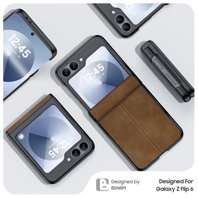 BSNRM for Samsung Galaxy Z Flip 6 Case/Z Flip 7 FE Case with Hinge Protection & Built-in Screen Protector, Ultra Thin Leather Shockproof Cover Phone Case for Galaxy Z Flip 6/Z Flip 7 FE-Brown - Image 4