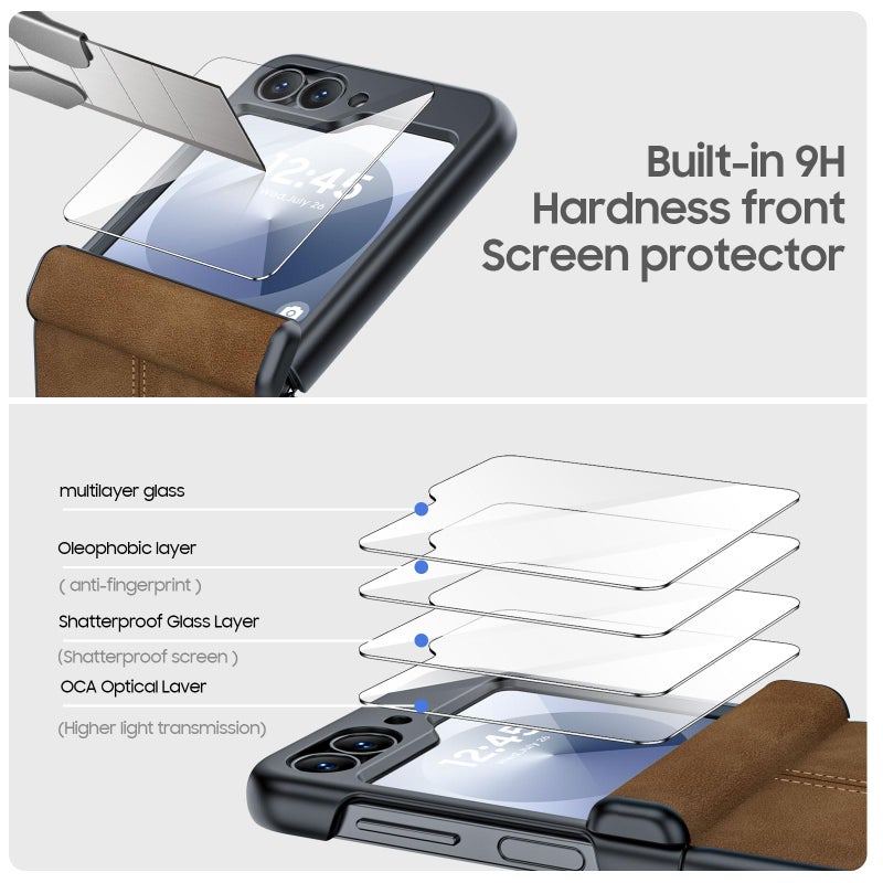 BSNRM for Samsung Galaxy Z Flip 6 Case/Z Flip 7 FE Case with Hinge Protection & Built-in Screen Protector, Ultra Thin Leather Shockproof Cover Phone Case for Galaxy Z Flip 6/Z Flip 7 FE-Brown - Image 3