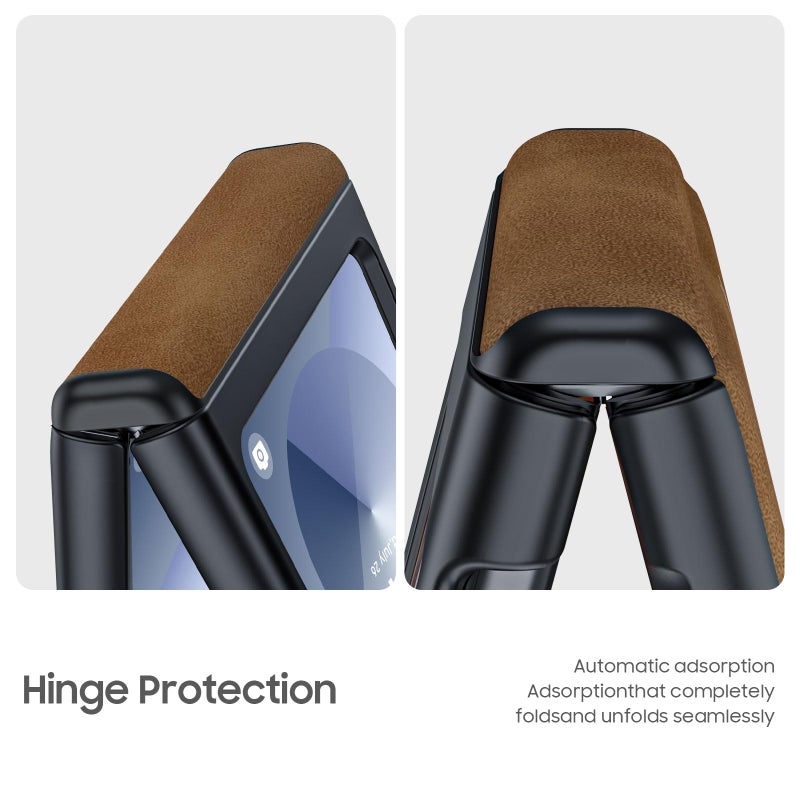 BSNRM for Samsung Galaxy Z Flip 6 Case/Z Flip 7 FE Case with Hinge Protection & Built-in Screen Protector, Ultra Thin Leather Shockproof Cover Phone Case for Galaxy Z Flip 6/Z Flip 7 FE-Brown - Image 2