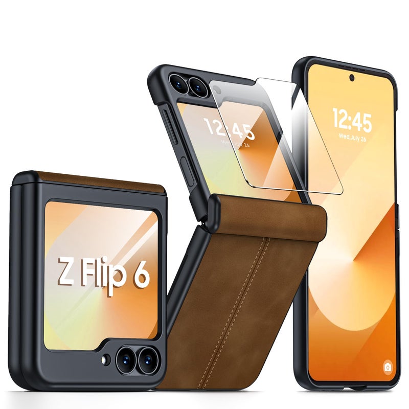 BSNRM for Samsung Galaxy Z Flip 6 Case/Z Flip 7 FE Case with Hinge Protection & Built-in Screen Protector, Ultra Thin Leather Shockproof Cover Phone Case for Galaxy Z Flip 6/Z Flip 7 FE-Brown - Image 1