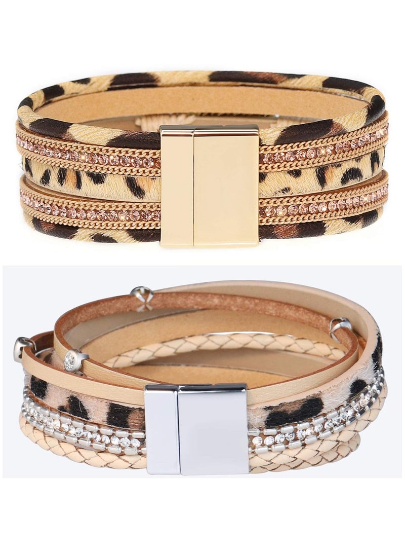Excefore Leather Wrap Bracelet Set,  2 Pieces Wrist Cuff Bracelet, Multilayer Leather Bracelet for Women Girls Multilayer Magnetic Clasp Bracelet Bead, Crystal Bracelet - Image 1