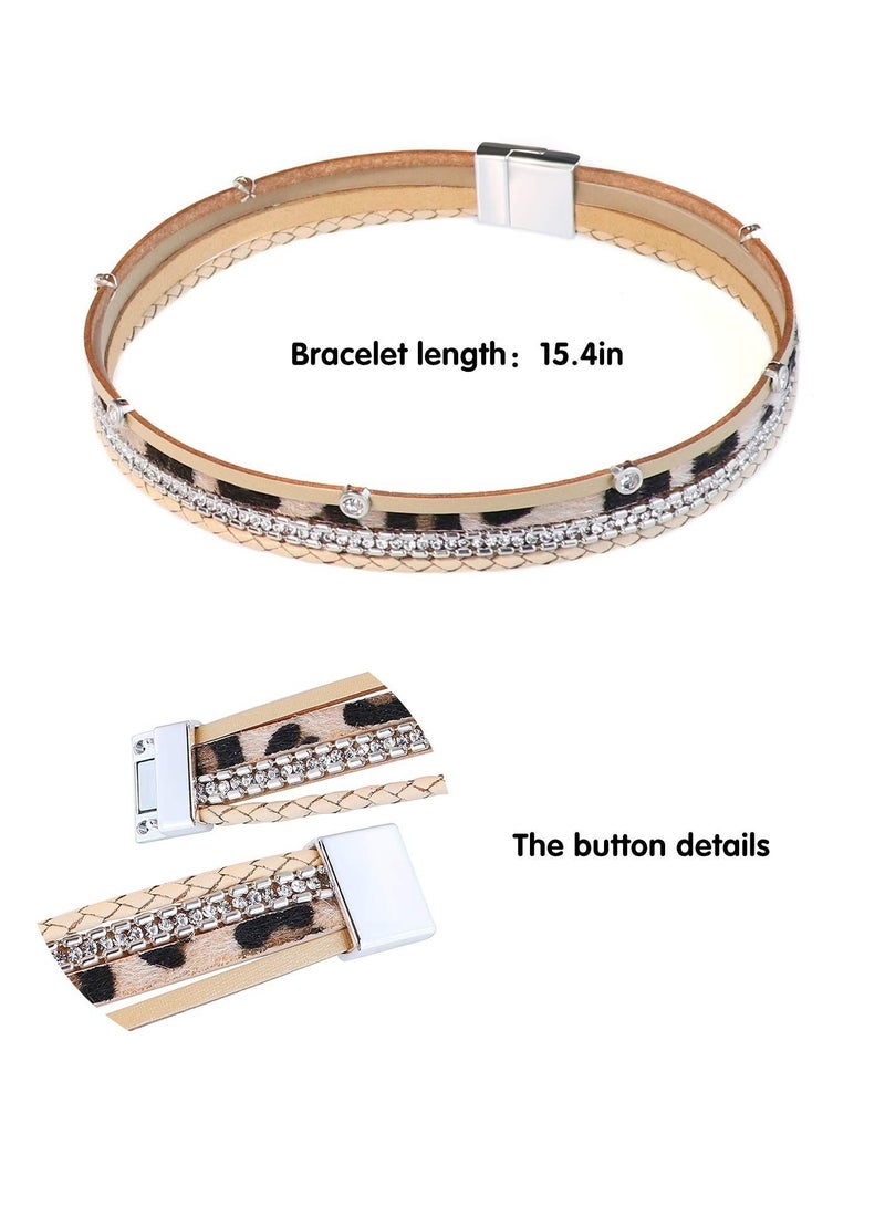 Excefore Leather Wrap Bracelet Set,  2 Pieces Wrist Cuff Bracelet, Multilayer Leather Bracelet for Women Girls Multilayer Magnetic Clasp Bracelet Bead, Crystal Bracelet - Image 4