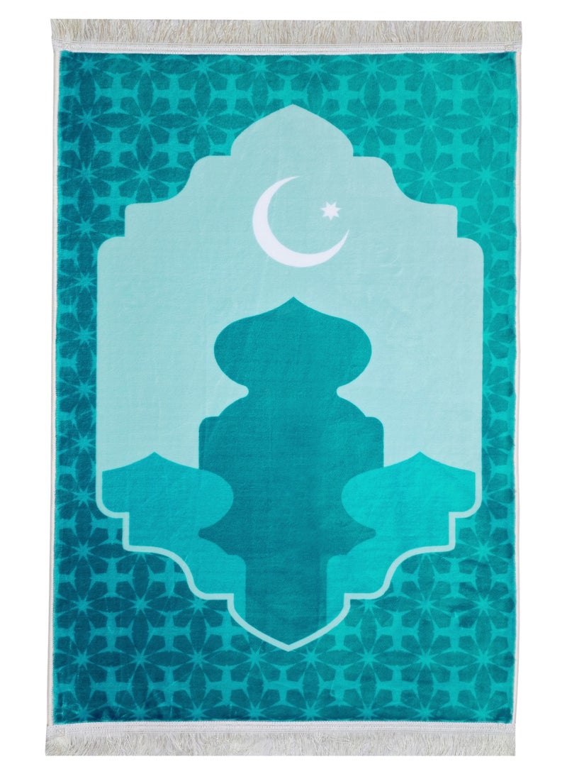 Fabienne Ultra Plush Silky Prayer Mat 70×110cm Premium Printed Islamic Sajadah Soft with Non-Slip Silicon Base Lightweight Portable Musalla for Gift Ramadan Eid Hajj & Umrah Turquoise - Image 1