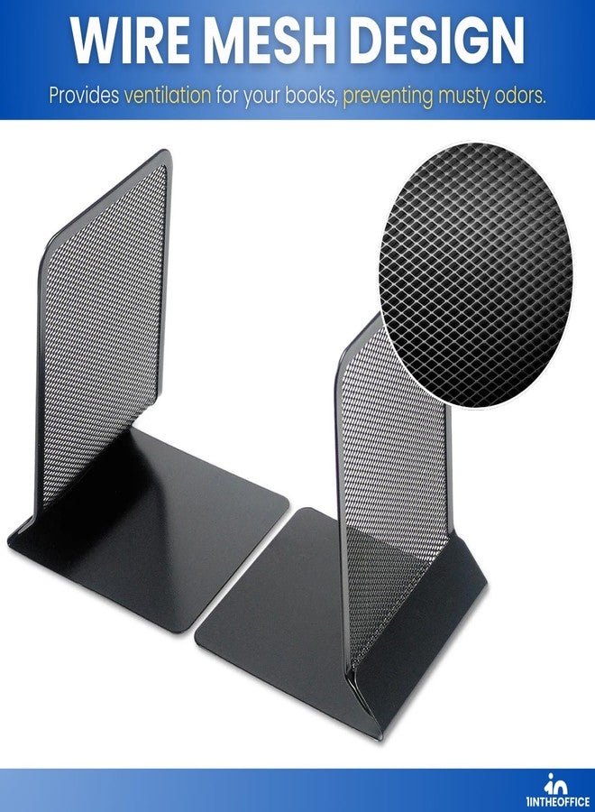 1InTheOffice Bookends for Shelves, Metal Mesh Bookends Heavy Duty, 5.71" Wire Mesh Book Ends, Matte Black, Each, 2 Pairs - Image 4
