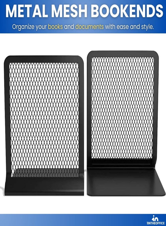 1InTheOffice Bookends for Shelves, Metal Mesh Bookends Heavy Duty, 5.71" Wire Mesh Book Ends, Matte Black, Each, 2 Pairs - Image 2