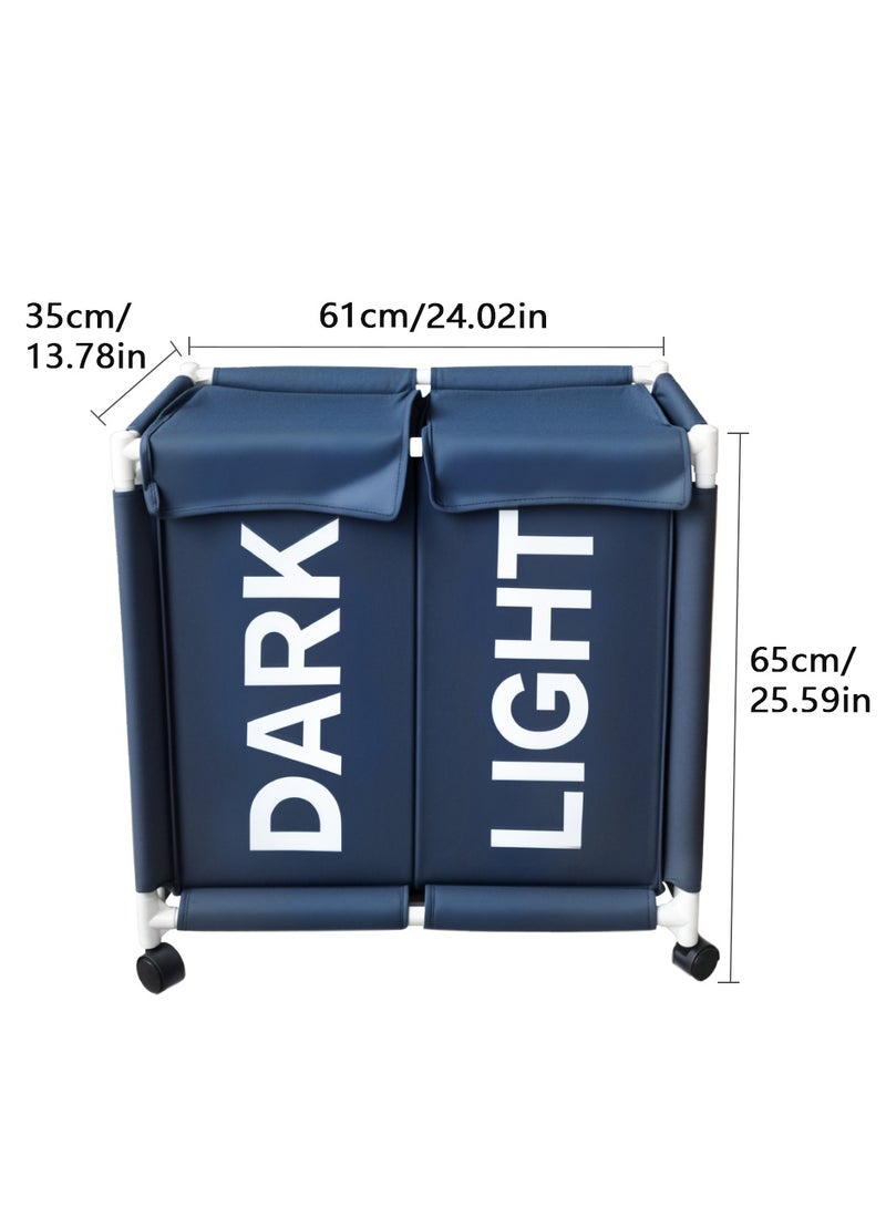 2-Section Laundry Basket with Wheels Blue 61*35*65cm - Image 5