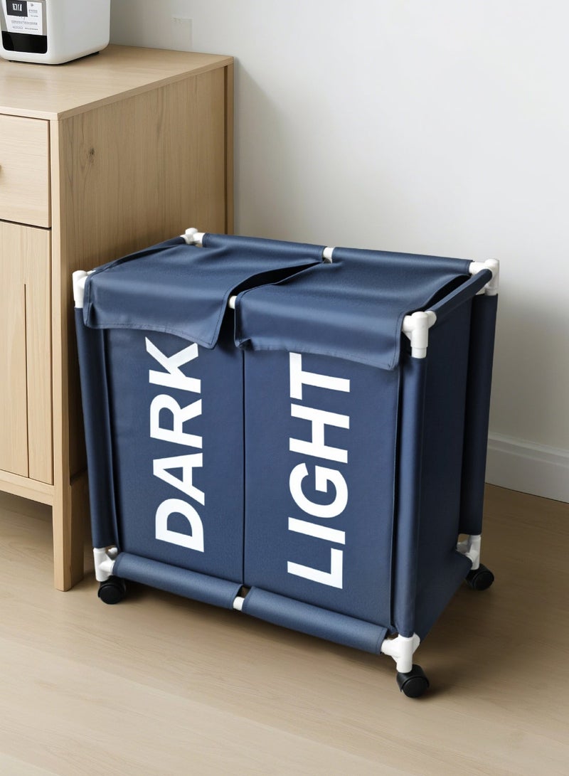 2-Section Laundry Basket with Wheels Blue 61*35*65cm - Image 2