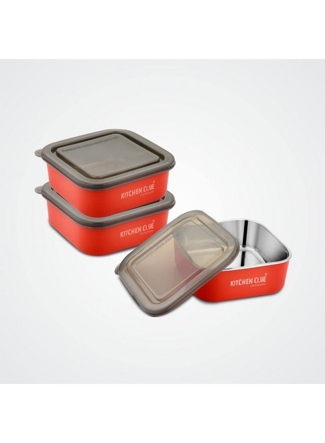 KITCHEN CLUE Stainless Steel Microwave Safe Square Lunch Box Or Containers for Office Home Kitchen I Pack of 3 Pcs, Red - 800 ML Each I Ideal Use for Kids Or Adults I BPA Free (16CM*16CM*6CM) - Image 1