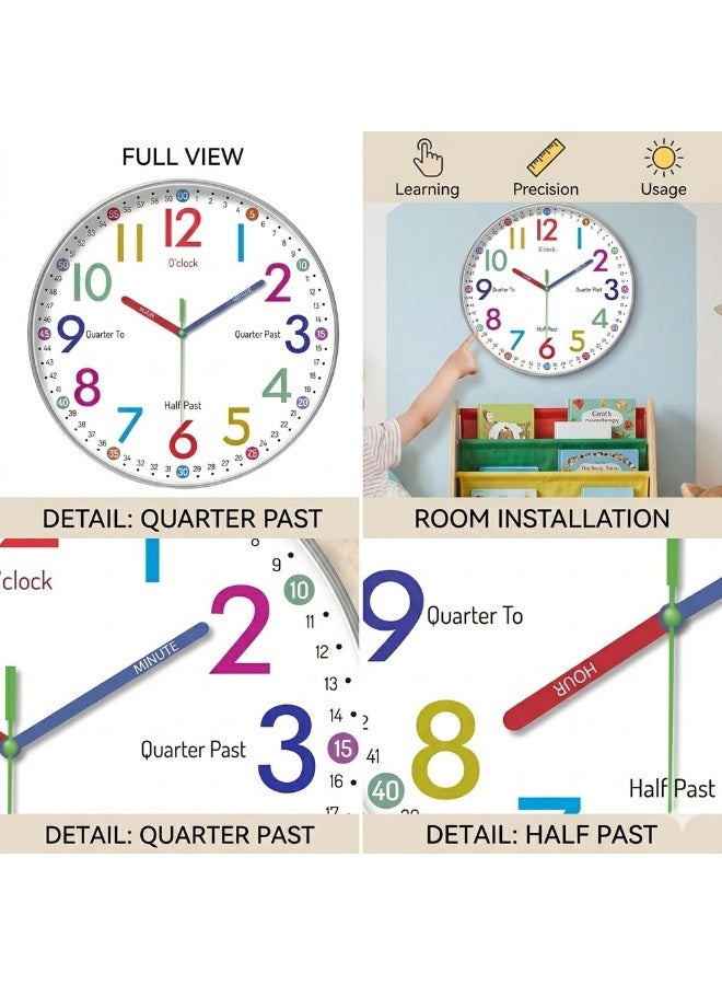 Educational Wall Clock for Kids, Learn to Tell Time, Colorful Numbers - Image 3