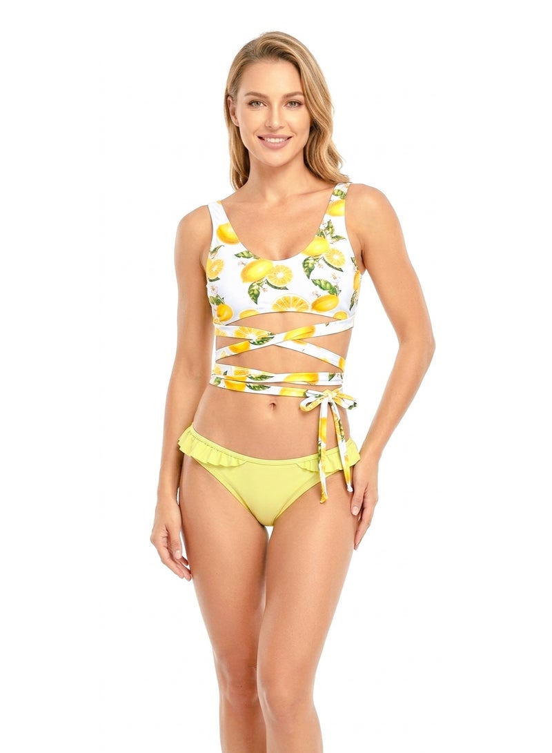 Women bikini set lemon printed with wrap around the belly swimwear swimsuit