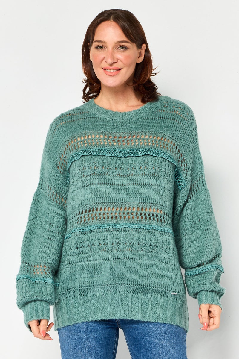 SALSA Women Crew Neck Crochet Sweater, Green - Image 1