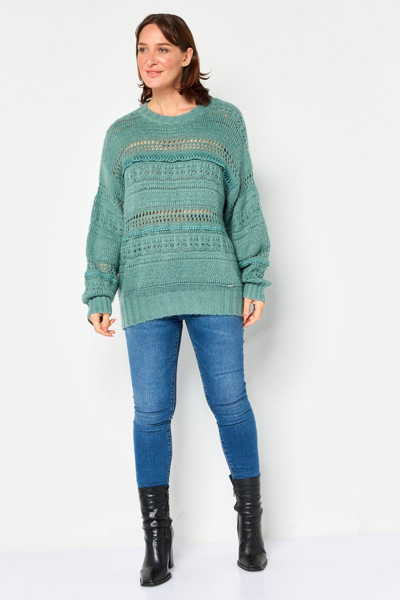 SALSA Women Crew Neck Crochet Sweater, Green - Image 2