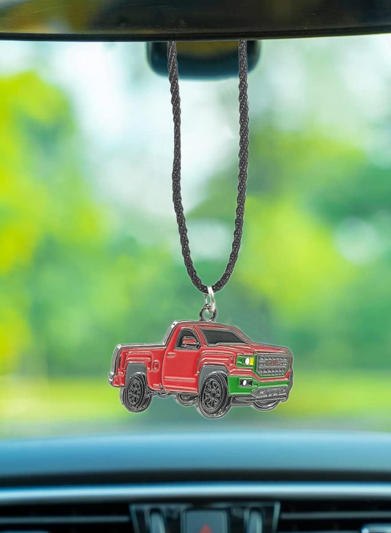 NMC Red Pickup Truck Rearview Mirror Hanging Charm with Green Grille on Black Cord, NMC Brand Novelty Vehicle Accessory - Image 1