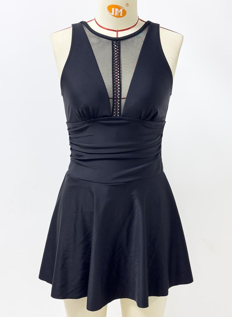 Womens Solid Color Holowed Back Swimsuits Tummy Control Swim Dress One Piece Swimwear Bathing Suits Black  - Image 2