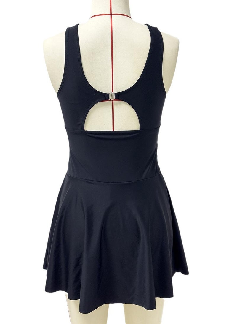 Womens Solid Color Holowed Back Swimsuits Tummy Control Swim Dress One Piece Swimwear Bathing Suits Black  - Image 4