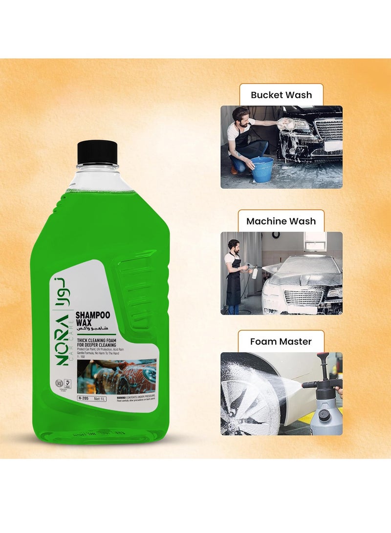 NORA Car Shampoo Wax 1L (N-205) – Thick Cleaning Foam for Deep Car Wash | Wash & Wax in One Step, UV Protection, Acid Rain & Paint Guard, High Foam Formula, Lemon Fragrance, Safe for Car Exterior, Painted Panels, Tyres, Plastic & Vinyl Parts - Image 4
