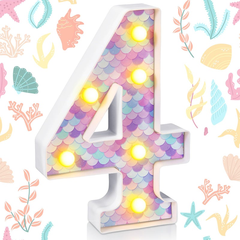 Glooglitter Mermaid Birthday Party Decoration, Decorative LED Glowing Numbers Mermaid Theme Marquee Digital Lights Table Centerpiece for Kids Under The Sea Birthday Baby Shower Party Decoration(4) - Image 1